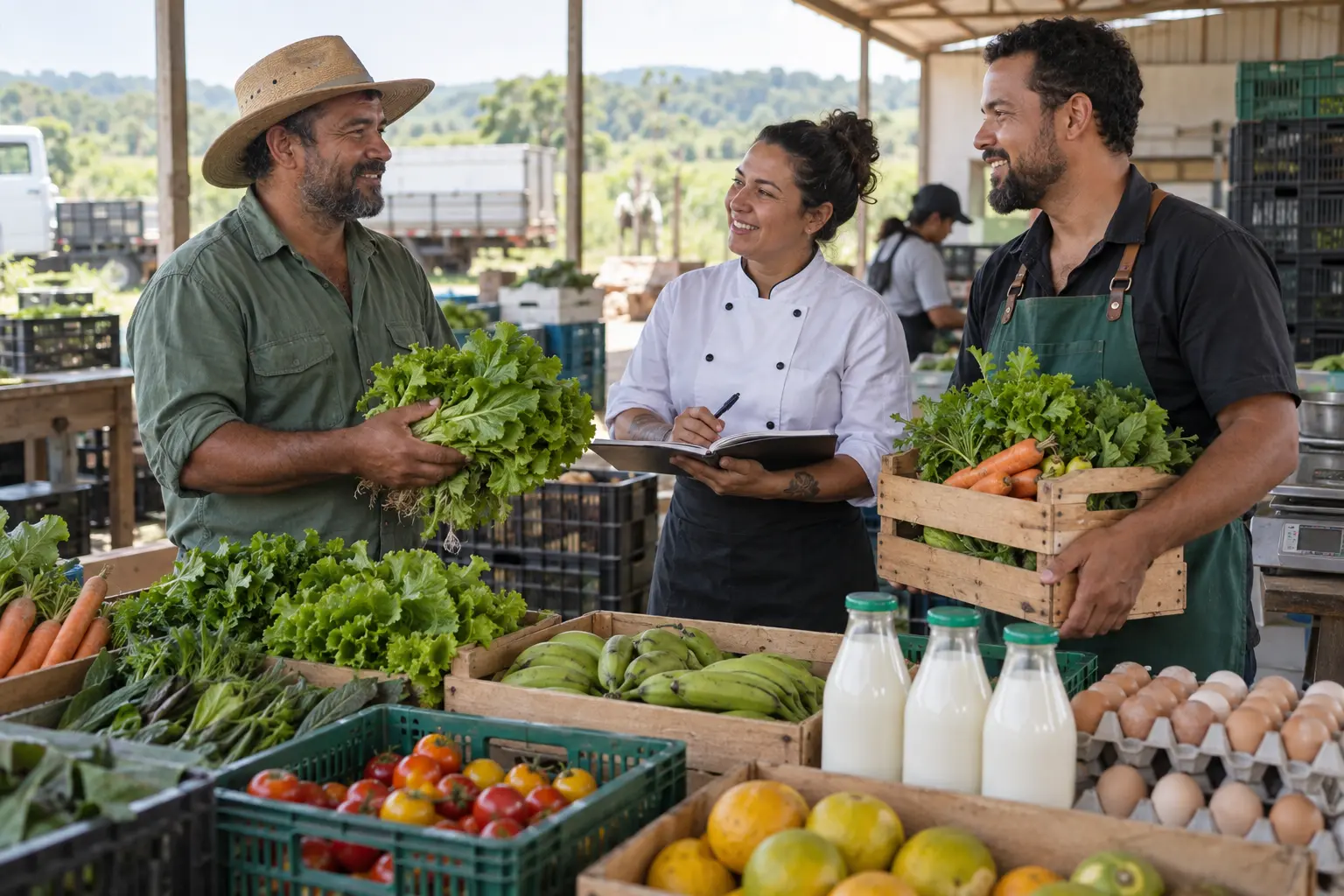 Cena ilustrativa de produtores e compradores conversando junto a alimentos do campo